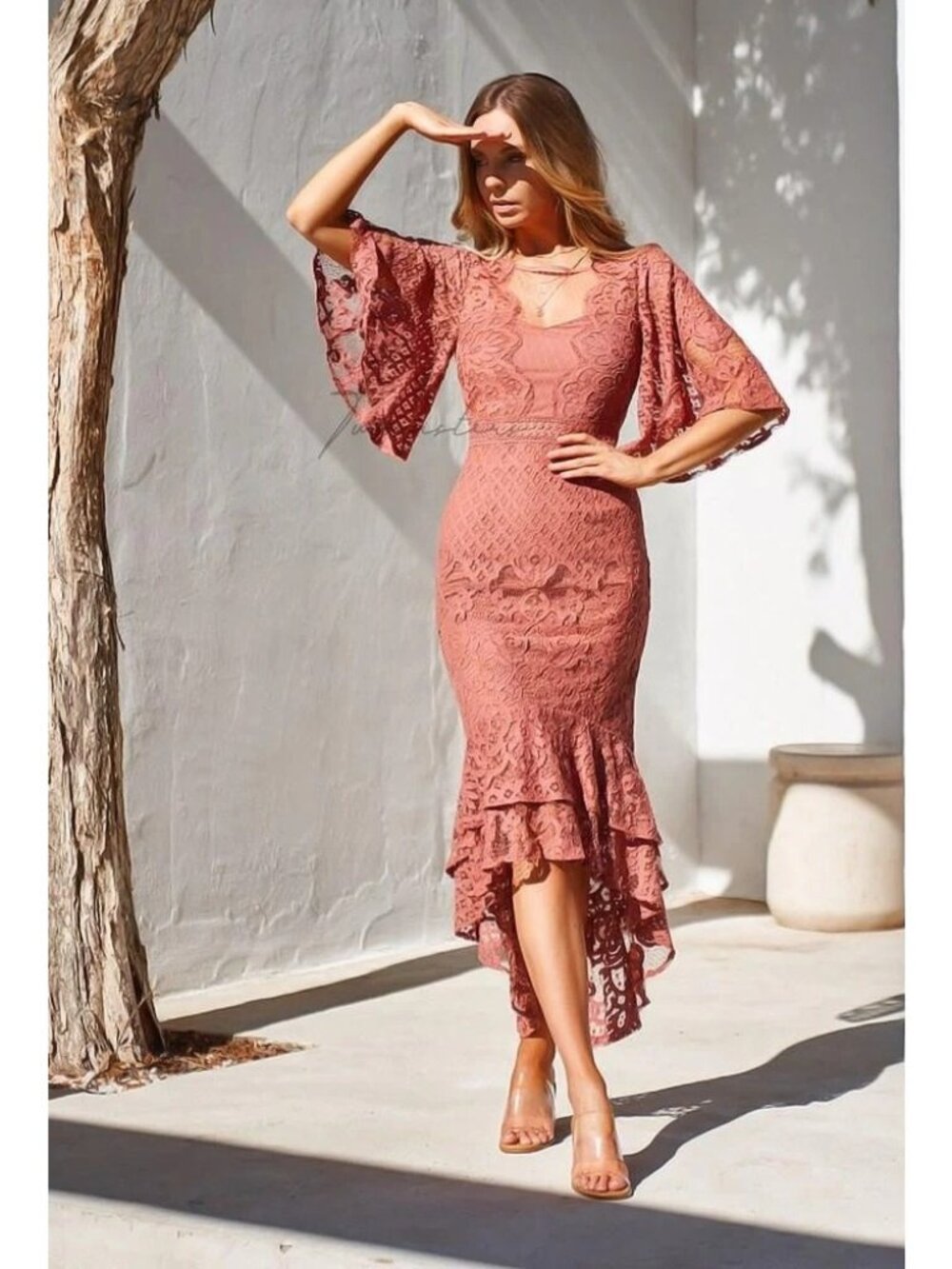 Two Sisters the Label Reyna Lace High-Low Midi Dress Sz 14 Mauve Mermaid Wedding